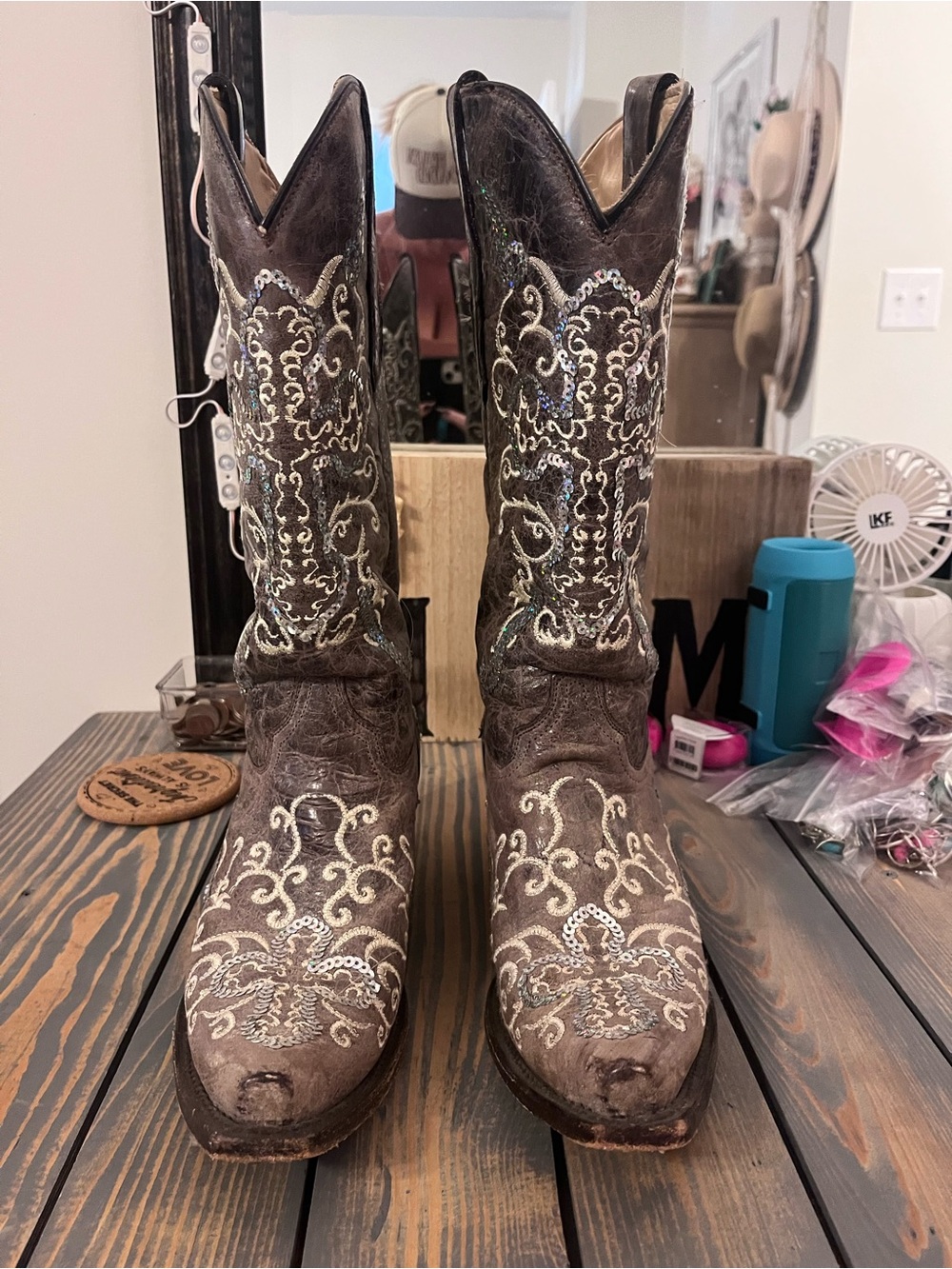 Embroidered Brown Western Heeled Boots - Women's